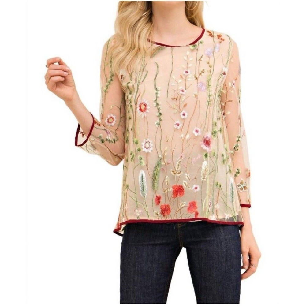 Entro Women’s Always In Bloom Floral Embroidered Top Sz S Fairy Cottagecore